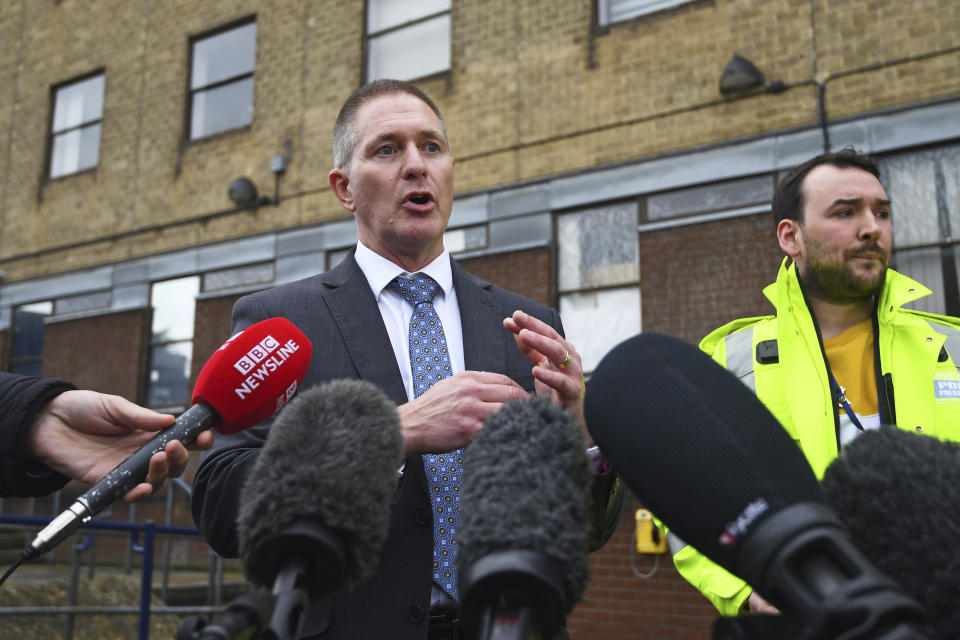 Detective Chief Inspector Martin Pasmore speaks to the media during a press conference at Grays Police Station in Essex, England after the bodies of 39 people were found inside a lorry in the Waterglade Industrial Park during the early hours of Wednesday morning. Saturday Oct. 26, 2019. (Victoria Jones/PA via AP)