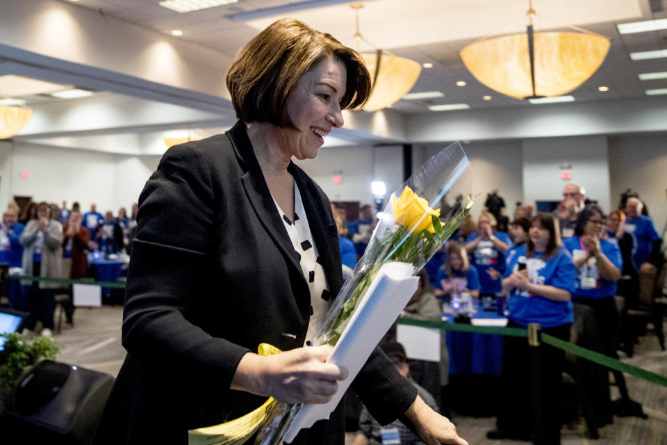 Democratic presidential candidate Sen. Amy Klobuchar, D-Minn., leaves after speaking at the Iowa State Education Association Candidate Forum at the Sheraton West Des Moines Hotel, Saturday, Jan. 18, 2020, in West Des Moines, Iowa. (AP Photo/Andrew Harnik)