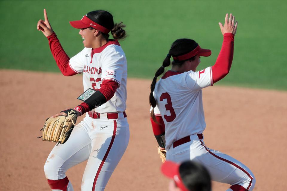 OU's Tiare Jennings (23) and Grace Lyons (3) celebrate after a 4-2 win against OSU on Saturday at Cowgirl Stadium in Stillwater.