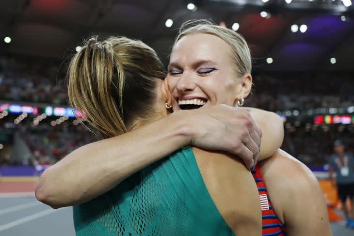 <span class="article__caption">BUDAPEST, HUNGARY – AUGUST 23: Gold medalists Nina Kennedy of Team Australia and Katie Moon of Team United States react after competing in the Women’s Pole Vault Final during day five of the World Athletics Championships Budapest 2023 at National Athletics Centre on August 23, 2023 in Budapest, Hungary. (Photo by Steph Chambers/Getty Images)</span>