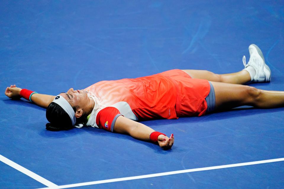 Ons Jabeur soaks in her semi-final victory (Matt Rourke/AP) (AP)