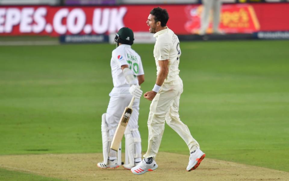 Ageas Bowl, Southampton, Britain - August 13, 2020 England's James Anderson celebrates taking the wicket of Pakistan's Azhar Ali caught by Rory Burns, as play resumes behind closed doors following the outbreak of the coronavirus disease -  REUTERS