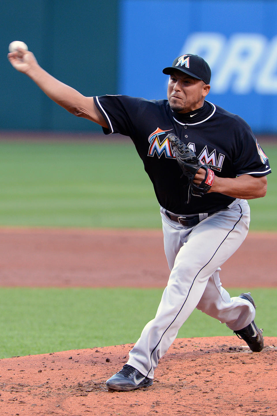 CLEVELAND, OH - MAY 18: Starting pitcher Carlos Zambrano #38 of the Miami Marlins pitches during the second inning against the Cleveland Indians at Progressive Field on May 18, 2012 in Cleveland, Ohio. (Photo by Jason Miller/Getty Images)