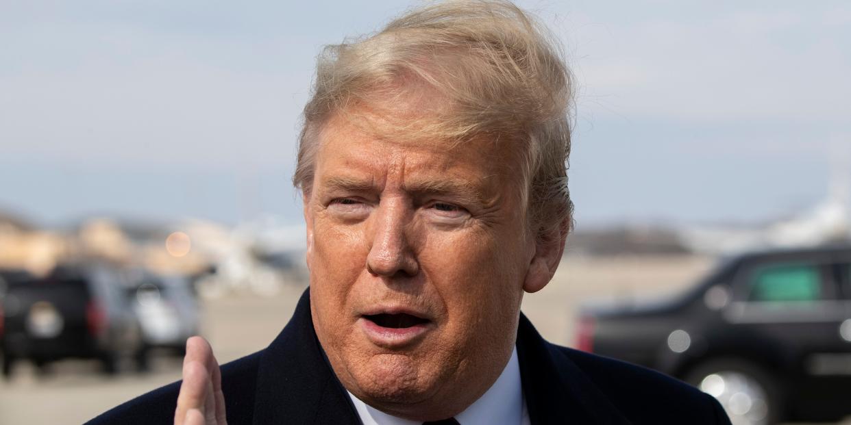 President Donald Trump speaks with reporters as he boards Air Force One as he departs Tuesday, Feb. 18, 2020, at Andrews Air Force Base, Md.(AP Photo/Alex Brandon)