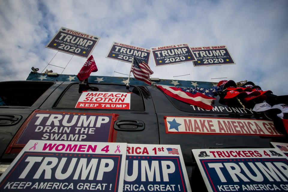 Trump supporters protest outside a town hall meeting where U.S. Rep. Elissa Slotkin (D-Mich.) is speaking on Monday, Dec. 16, 2019, in the Oakland Center at Oakland University in Rochester, Mich. (Jake May/The Flint Journal via AP)