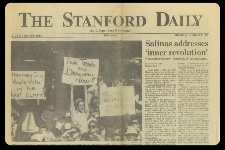 Portada con foto de Claudia Sheinbaum en protesta en la Universidad de Stanford, ante una visita de Carlos Salinas.