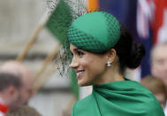 FILE - In this Monday, March 9, 2020 file photo, Britain's Meghan, the Duchess of Sussex leaves after attending the annual Commonwealth Day service at Westminster Abbey in London. A lawyer for the publisher of the Daily Mail newspaper said Wednesday Jan. 20, 2021, that the Duchess of Sussex had no reasonable expectation of privacy for a letter she sent her estranged father. The former Meghan Markle is suing publisher Associated Newspapers for invasion of privacy and copyright infringement over five February 2019 articles in the Mail on Sunday and on the MailOnline website that published portions of a handwritten letter to her father, Thomas Markle, after her marriage to Britain’s Prince Harry in 2018. (AP Photo/Kirsty Wigglesworth, File)