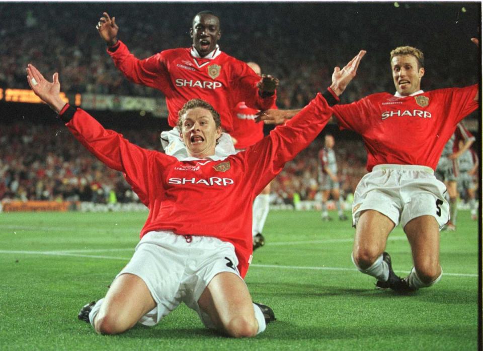 Ole Gunnar Solskjaer celebrates the winning goal that gave Manchester United a treble.  (EMPICS Sports Photo Agency)