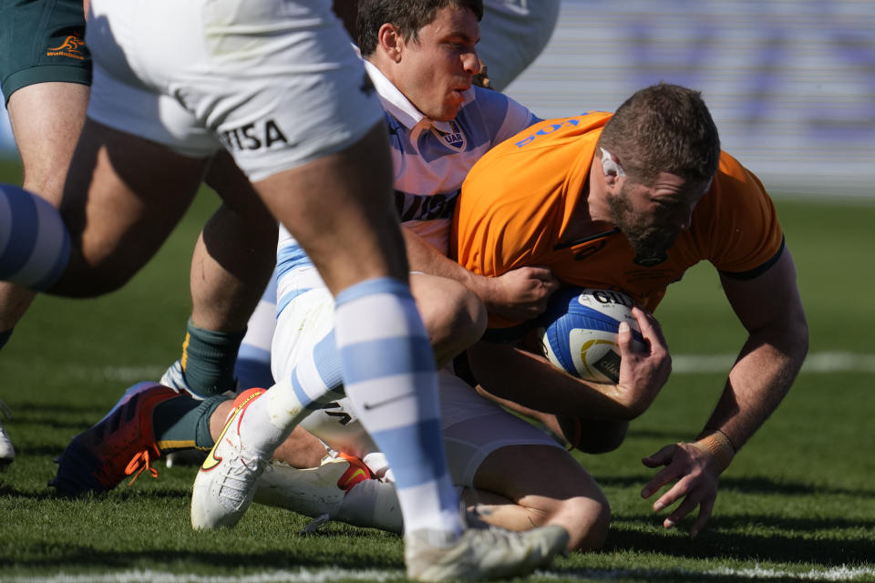 Australia's James Slipper marks during a Rugby Championship match against Australia, at the Bicentenario stadium in San Juan, Argentina, Saturday, Aug. 13, 2022. (AP Photo/Natacha Pisarenko)