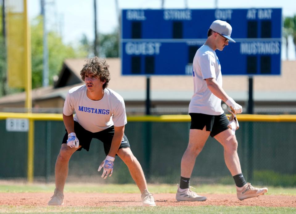 Dobson outfielder Elias Murray steals a base during practice in Mesa on April 17, 2024. Murray and his teammates have broken the Arizona record for the number of stolen bases during a game.