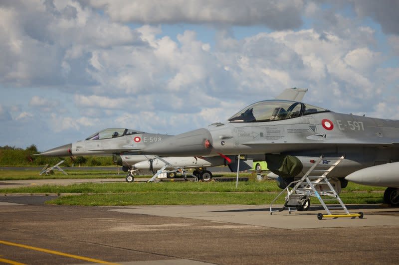 Ukrainian President Volodymyr Zelensky meets with Danish Prime Minister Mette Frederiksen at Skrydstrup Airbase, in Vojens, Denmark, on Sunday. Photo courtesy of Ukrainian Presidential Press Office/UPI