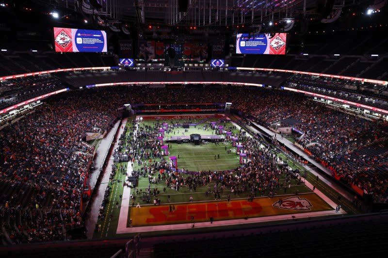 The Kansas City Chiefs speak to the media at Super Bowl Opening Night on Monday at Allegiant Stadium in Las Vegas. Photo by John Angelillo/UPI