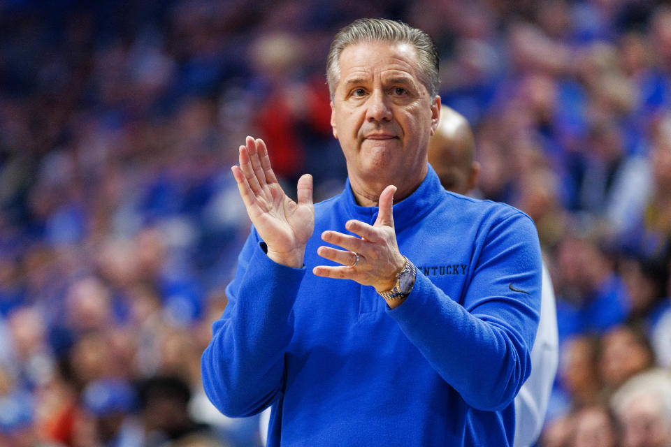 Dec 31, 2022; Lexington, Kentucky, USA; Kentucky Wildcats head coach John Calipari claps during the first half against the Louisville Cardinals at Rupp Arena at Central Bank Center. Mandatory Credit: Jordan Prather-USA TODAY Sports