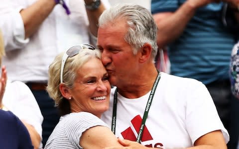 Judy Murray (L) and tennis coach Louis Cayer celebrate after Jamie Murray of Great Britain and Victoria Azarenka of Belarus won their Mixed Doubles quarter-final match against Jean-Julien Rojer and Demi Schuurs of The Netherlands on day ten of the Wimbledon Lawn Tennis Championships - Credit: Getty Images