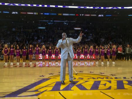 Mar 24, 2017; Los Angeles, CA, USA: Former Los Angeles Lakers center Shaquille O'Neal speaks during a NBA game between the Los Angeles Lakers and the Minnesota Timberwolves at the Staples Center. Mandatory Credit: Kirby Lee-USA TODAY Sports