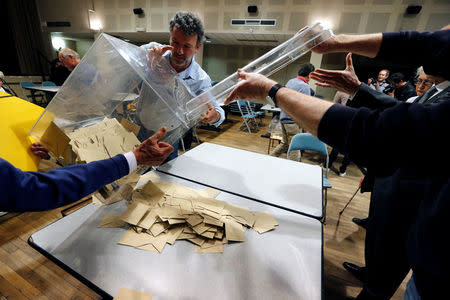 Officials empty a ballot box at the start of counting in the first round of 2017 French presidential election, at a polling station in Tulle, central France, April 23, 2017. REUTERS/Regis Duvignau