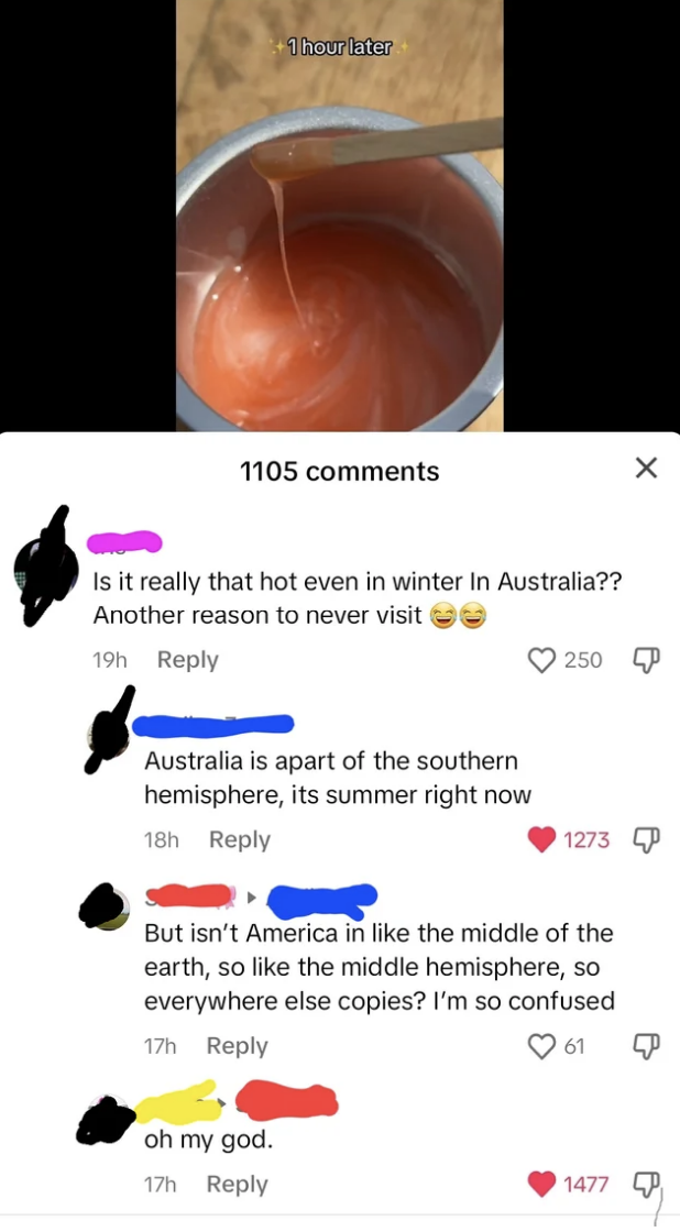 person claims america is "in the middle of the earth, so like the middle hemisphere, so everyone else copies" in terms of seasons