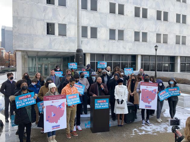 Anti-gerrymandering advocates rally outside the Ohio Supreme Court, Dec. 8, 2021, in Columbus, Ohio. 