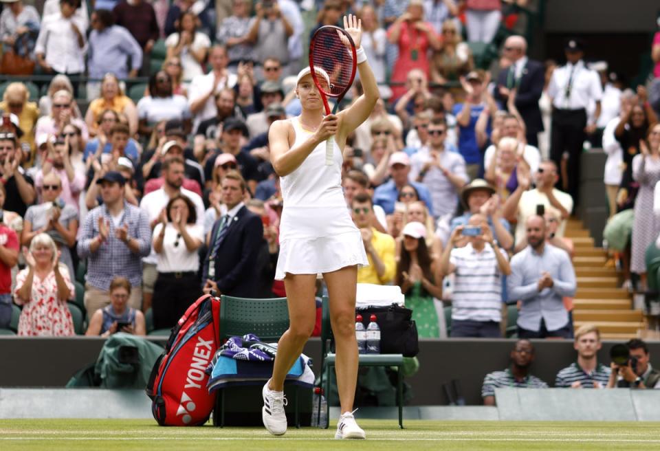 Elena Rybakina celebrates victory against Ajla Tomljanovic at Wimbledon (Steven Paston/PA) (PA Wire)