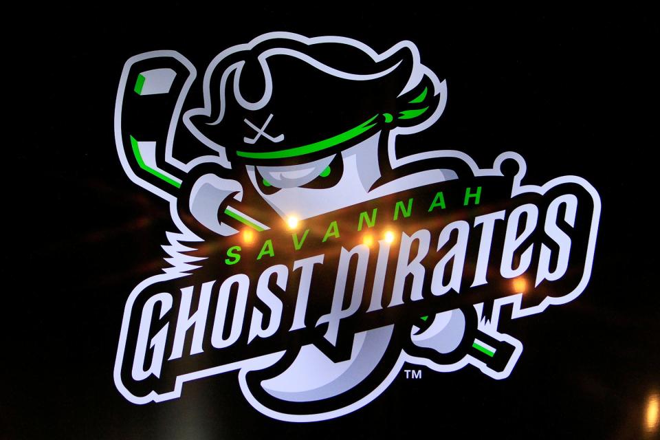 The new logo is unveiled during the press conference to unveil the new name for the Savannah Professional Hockey team at Ghost Coast Distillery on Oct. 27, 2021. The new name will be the Savannah Ghost Pirates.