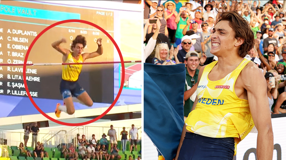 Swedish pole vault star Armand 'Mondo' Duplantis (pictured left) breaking the world record and (pictured right) celebrating after the world title win.