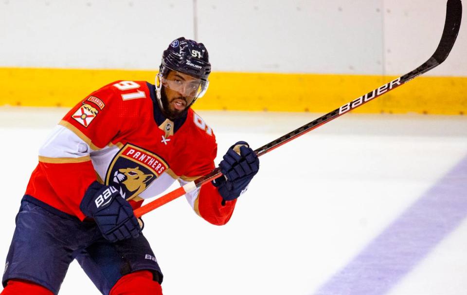 Florida Panthers left wing Anthony Duclair (91) in action during the third period of the first training camp scrimmage in preparation for the 2021 NHL season at the BB&T Center on Thursday, January 7, 2021 in Sunrise.