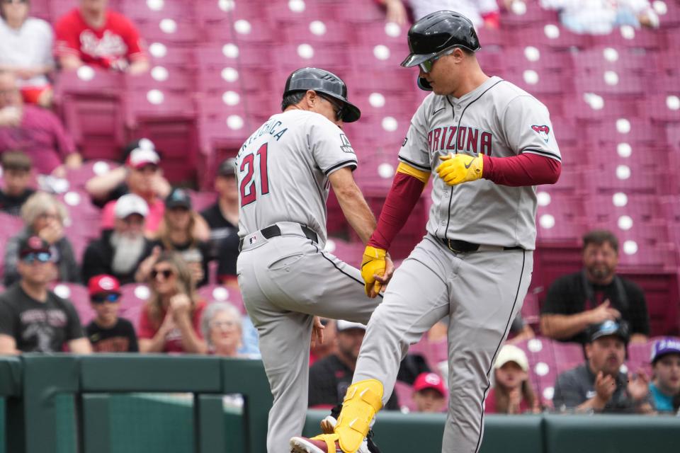 Diamondbacks Joc Pederson (3) celebrates his homerun during the Reds vs. Diamondbacks game on Thursday May 9, 2024. The Diamondbacks won the game with a final score of 5-4.