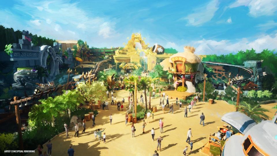 A birds eye view of Donkey Kong Country concept art for Epic Universe's Super Nintendo World