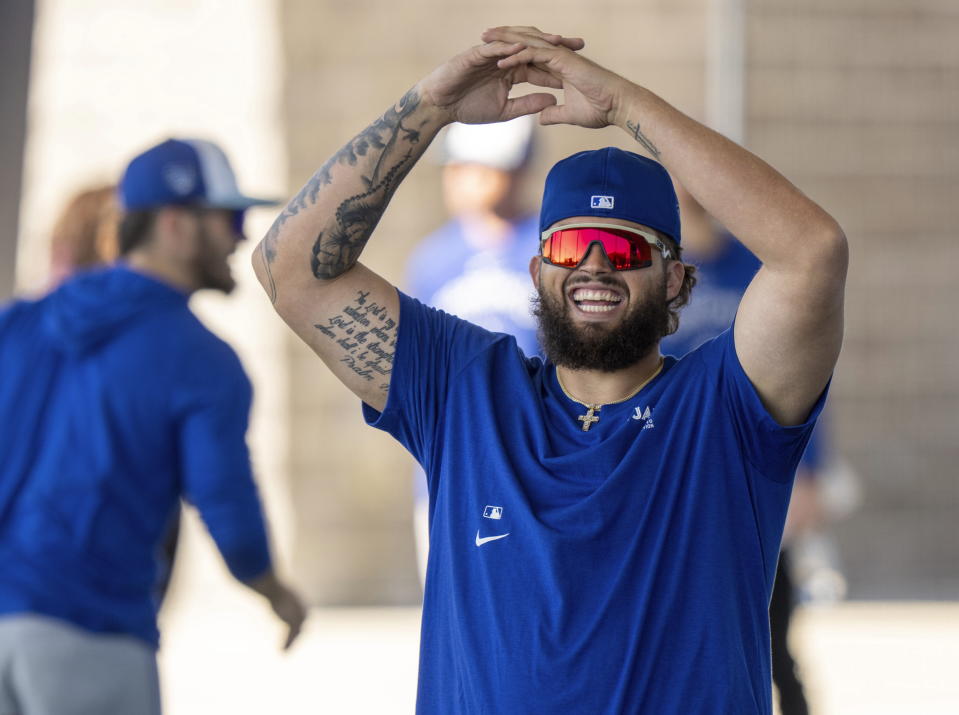 Toronto Blue Jays pitcher Alek Manoah warms up at baseball spring training in Dunedin, Fla., Tuesday Feb. 20, 2024. (Frank Gunn/The Canadian Press via AP)