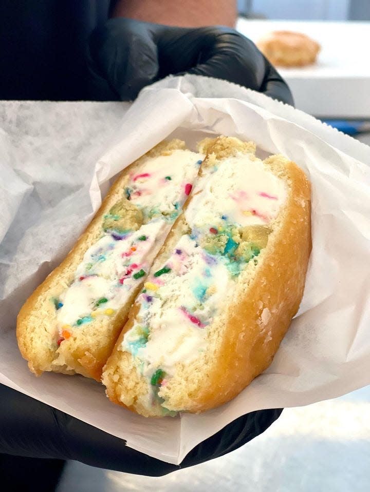 At Ship Bottom Ice Cream Co., the warm milky bun is a treat made from ice cream pressed between a glazed donut.