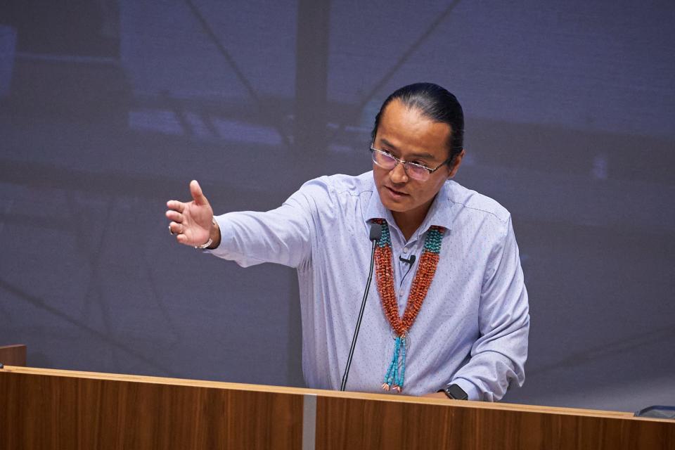 Buu Van Nygren gives his opening statement during the Navajo Nation Presidential candidate forum at Sandra Day O' Connor law school on July 12, 2022 in Phoenix.