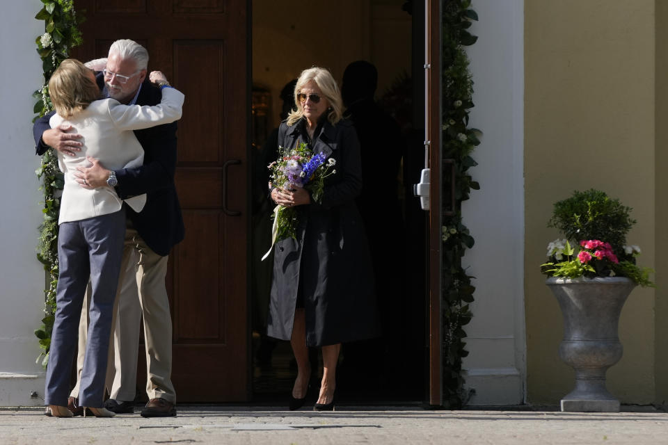 First lady Jill Biden walks to the grave of President Joe Biden's late son, Beau Biden, as she departs a memorial mass at St. Joseph on the Brandywine Catholic Church in Wilmington, Del., Tuesday, May 30, 2023. Beau Biden died of brain cancer at age 46 in 2015. (AP Photo/Patrick Semansky)