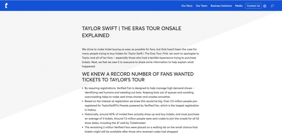 Ticketmaster statement regarding Taylor Swift The Eras Tour