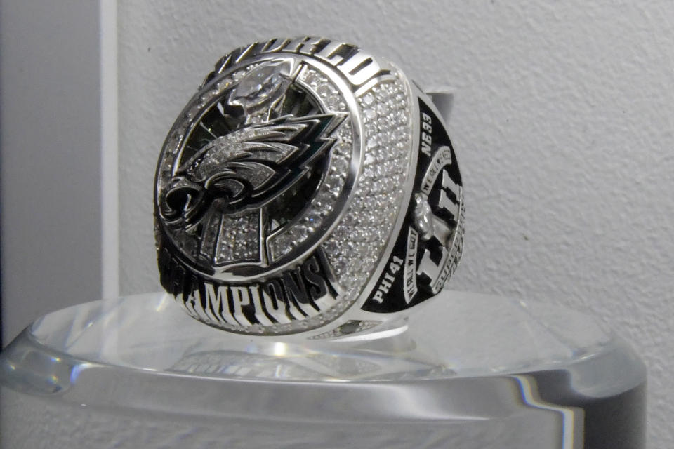 Feb 2, 2019; Atlanta, GA, USA; Detailed view of Super Bowl LII ring to commemorate the Philadelphia Eagles 41-33 victory over the New England Patriots at U.S. Bank Stadium in Minneapolis, MN. on Feb 4, 2018. Mandatory Credit: Kirby Lee-USA TODAY Sports