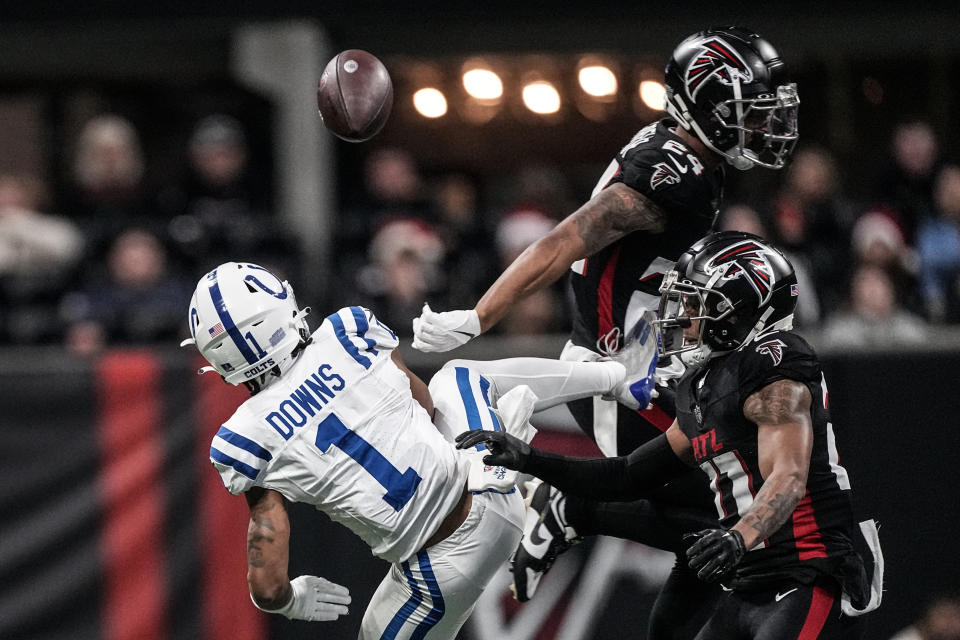 Indianapolis Colts wide receiver Josh Downs (1) misses a pass against the Atlanta Falcons during the second half of an NFL football game, Sunday, Dec. 24, 2023, in Atlanta. The Atlanta Falcons won 29-10. (AP Photo/John Bazemore)