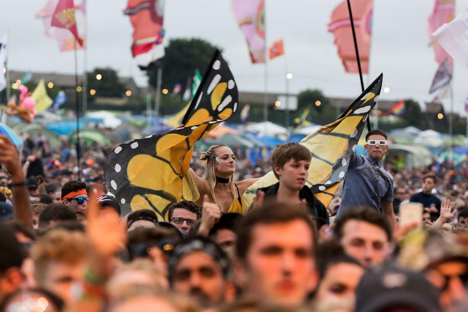 <p>Festival goers watch grime artist Stormzy perform at the Glastonbury Festival at Worthy Farm, in Somerset, England, Saturday, June 24, 2017. (Photo: Grant Pollard/Invision/AP) </p>