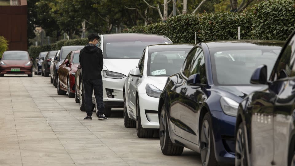 Tesla's electric vehicles lined up outside a showroom in Shanghai, China, in October 2022 - Qilai Shen/Bloomberg/Getty Images