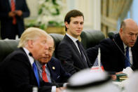 <p>White House senior advisor Jared Kushner (C) sits alongside U.S. President Donald Trump (L) and Commerce Secretary Wilbur Ross (2nd L) as they prepare to meet with Saudi Arabia’s King Salman bin Abdulaziz Al Saud and the Saudi delegation at the Royal Court in Riyadh, Saudi Arabia on May 20, 2017. (Photo: Jonathan Ernst/Reuters) </p>