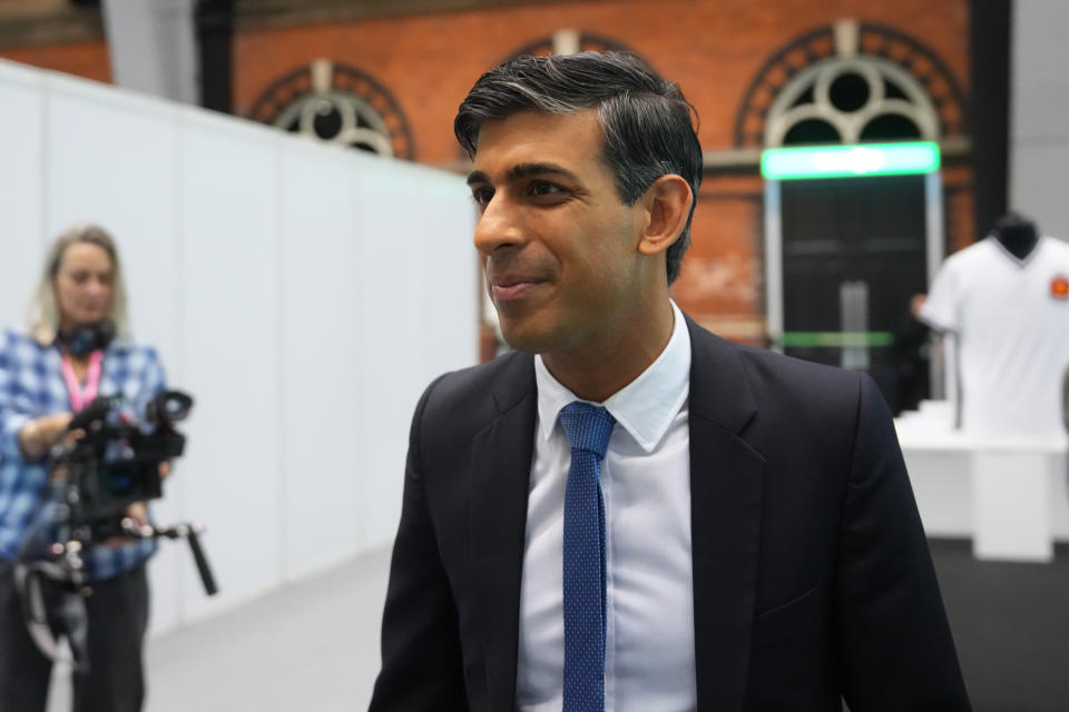 British Prime Minister Rishi Sunak tours the Exhibitor's Hall on Day 3 of the Conservative Party Conference on October 3, 2023 in Manchester, England. Conservative Party Conference is being held in Manchester this year and sees Rishi Sunak address party members as leader of the party for the first time. (Photo by Carl Court/Getty Images)