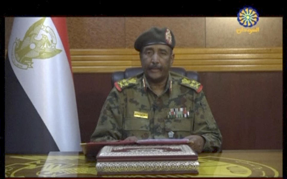FILE - In this June 4, 2019 file frame grab from video provided by Sudan TV, Lieutenant General Abdel-Fattah Burhan, then head of the Sudanese Transitional Military Council, makes a broadcast announcement in Khartoum, Sudan. Human Rights Watch, HRW, a leading human rights group, says the deadly crackdown in Sudan against pro-democracy protesters in June may have amounted to a crime against humanity. In a 59-page report released Monday, Nov. 18, 2019, HRW said Sudan’s military rulers at the time planned the violent dispersal of a major sit-in in the capital, Khartoum. (Sudan TV via AP, File)