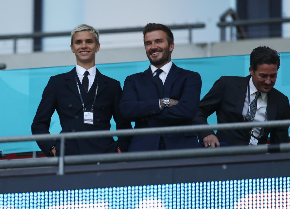 David Beckham and son Romeo cheered  on the victorious England team at Wembley on Tuesday night (The FA via Getty Images)