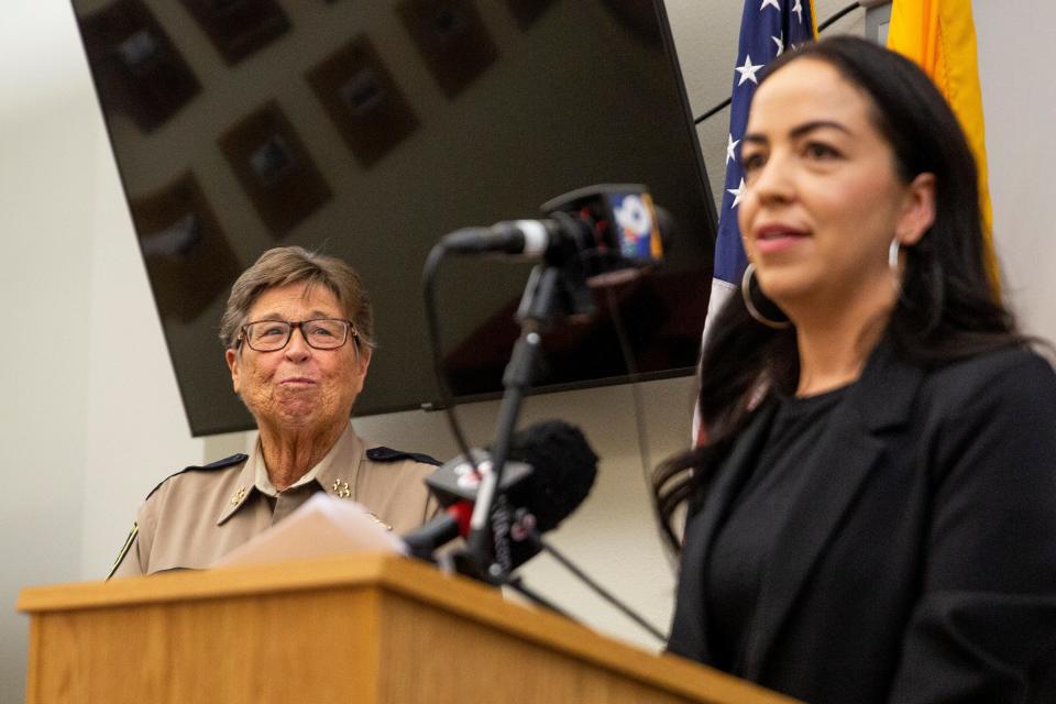 Sheriff Kim Stewart listens to Tessa Abeyta discuss her new role as DASO Under Sheriff during a news conference on Tuesday, Dec. 12, 2023, at the Do–a Ana County SheriffÕs Office.