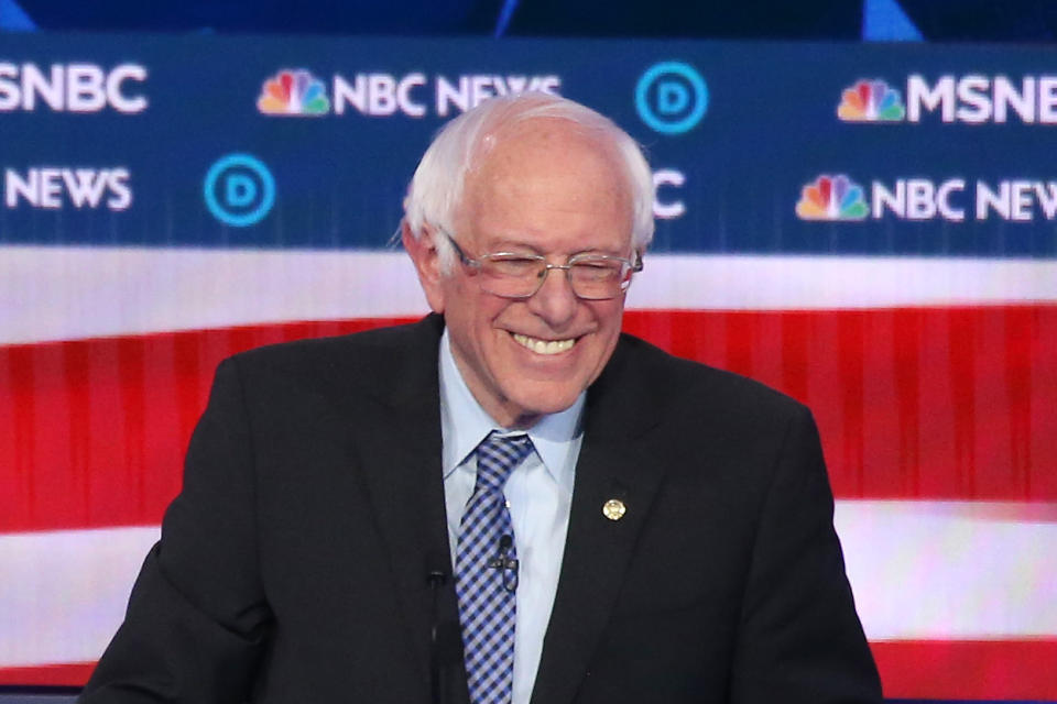 LAS VEGAS, NEVADA - FEBRUARY 19: Democratic presidential candidate Sen. Bernie Sanders (I-VT) smiles during the Democratic presidential primary debate at Paris Las Vegas on February 19, 2020 in Las Vegas, Nevada. Six candidates qualified for the third Democratic presidential primary debate of 2020, which comes just days before the Nevada caucuses on February 22. (Photo by Mario Tama/Getty Images)