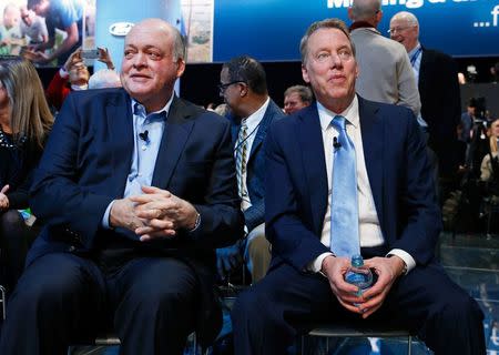 Bill Ford, executive chairman of the Ford Motor Company and Jim Hackett (L), President and CEO, await the Ford press preview at the North American International Auto Show in Detroit, Michigan, U.S., January 14, 2018. REUTERS/Rebecca Cook