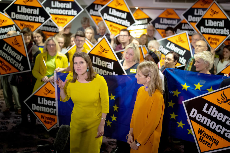 Liberal Democrat Leader Jo Swinson (centre left) speaks during a rally in Bath, while on the General Election campaign trail.