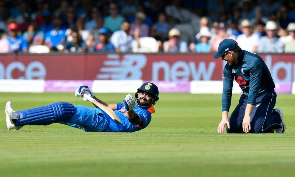 Eoin Morgan shares a moment with Virat Kohli after the pair collided during the second ODI at Lord’s. The captains will lock horns again on Tuesday in a mouthwatering series finale. 