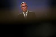 European Union chief Brexit negotiator Michel Barnier talks to journalists during a news conference at the European Commission headquarters in Brussels, Monday, Feb. 3, 2020. (AP Photo/Francisco Seco)