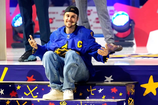 Justin Bieber participates in the Tim Horton's NHL All-Star Player Draft at Scotiabank Arena on February 01, 2024 in Toronto, Ontario.  - Credit: Mark Blinch/NHLI/Getty Images