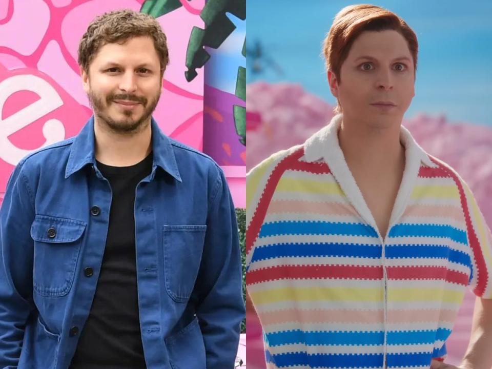 Michael Cera in real life and in the "Barbie" movie as Allan