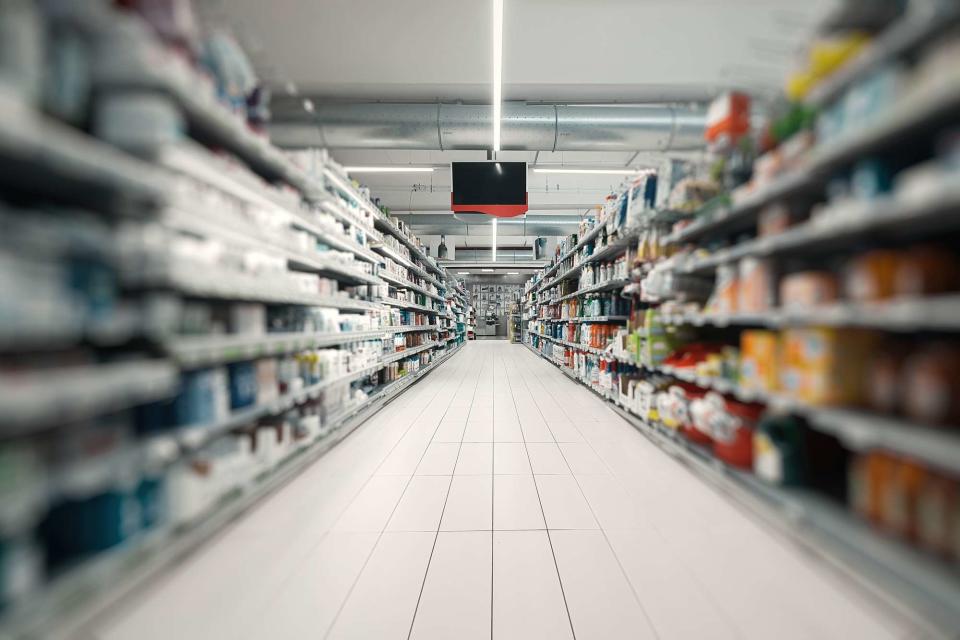 <p>Getty</p> Stock photo of a supermarket aisle.